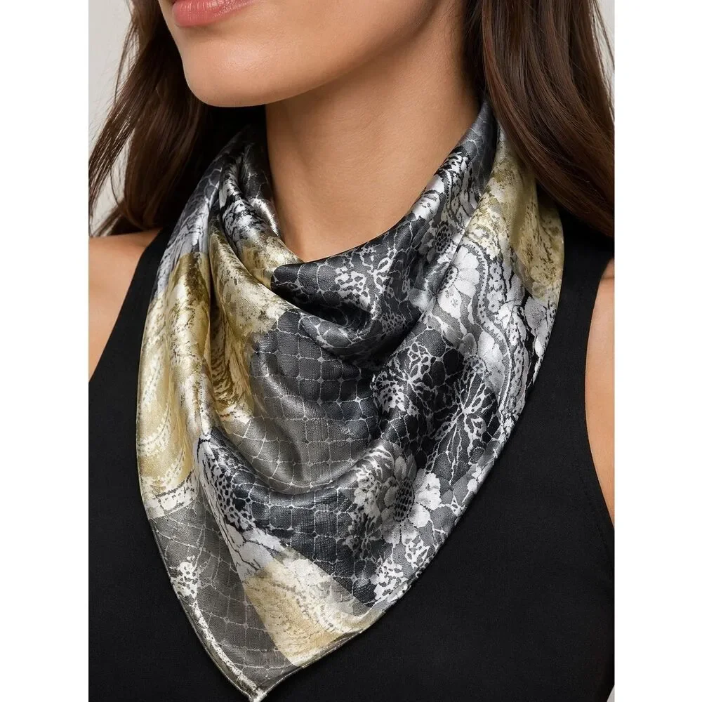 Rare Luxury JACQUARD CHARCOAL BOHEMIAN SCARF PLATINUM GOLD 19”x19”